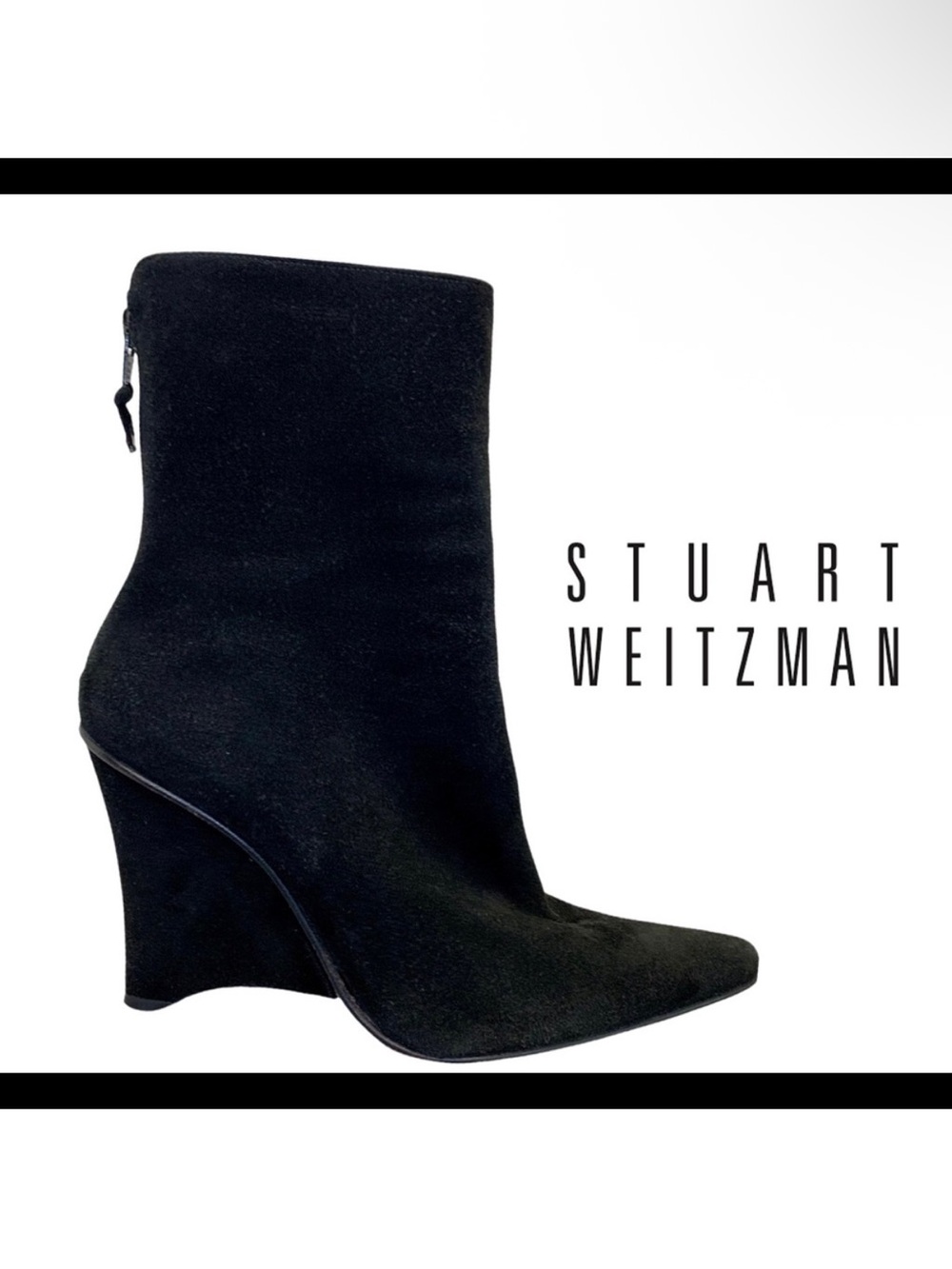 Stuart Weitzman Black Suede Wedge Ankle Boots Size 7.5